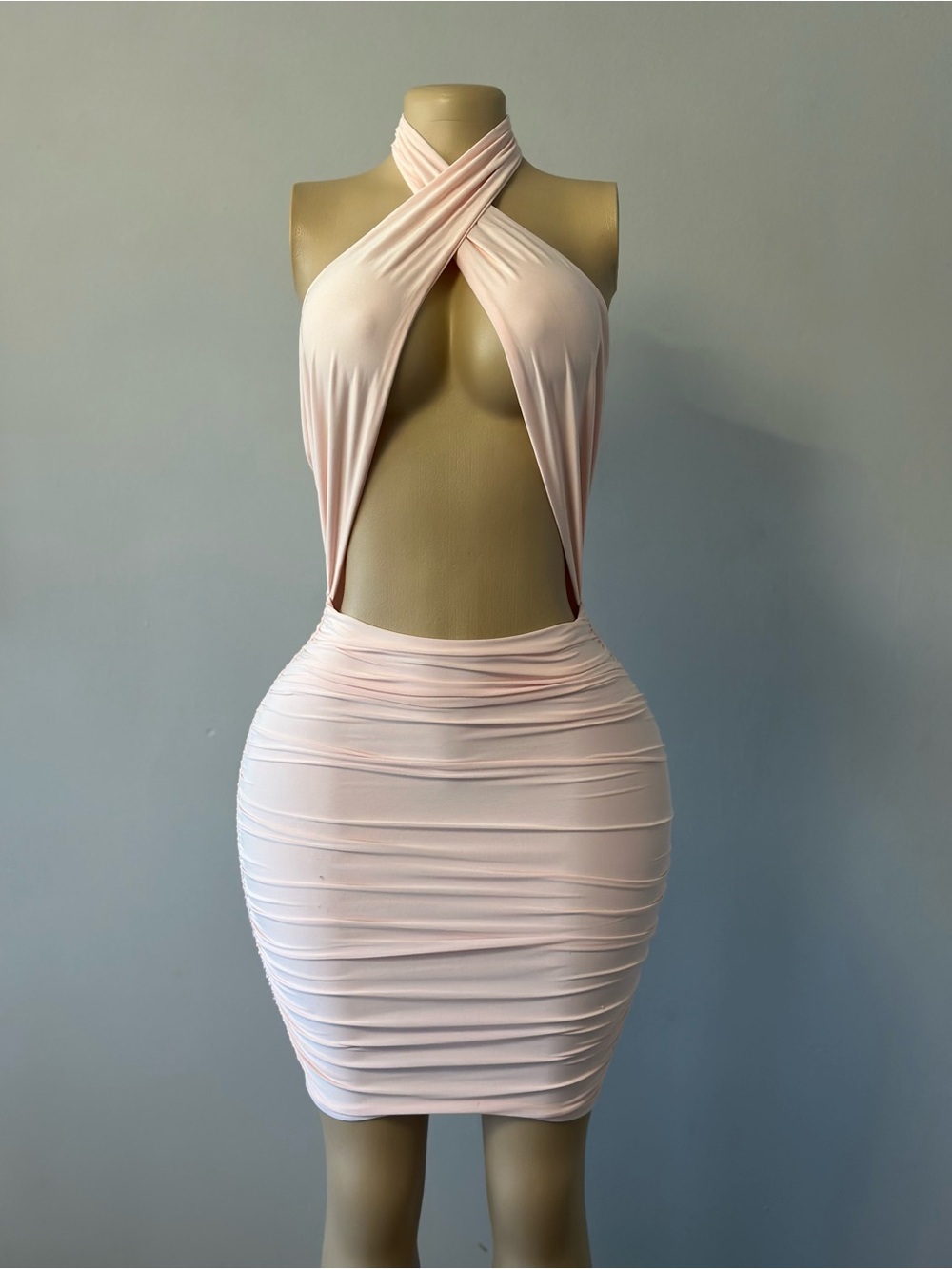Ruched Halter Bodycon Dress in Pale Pink